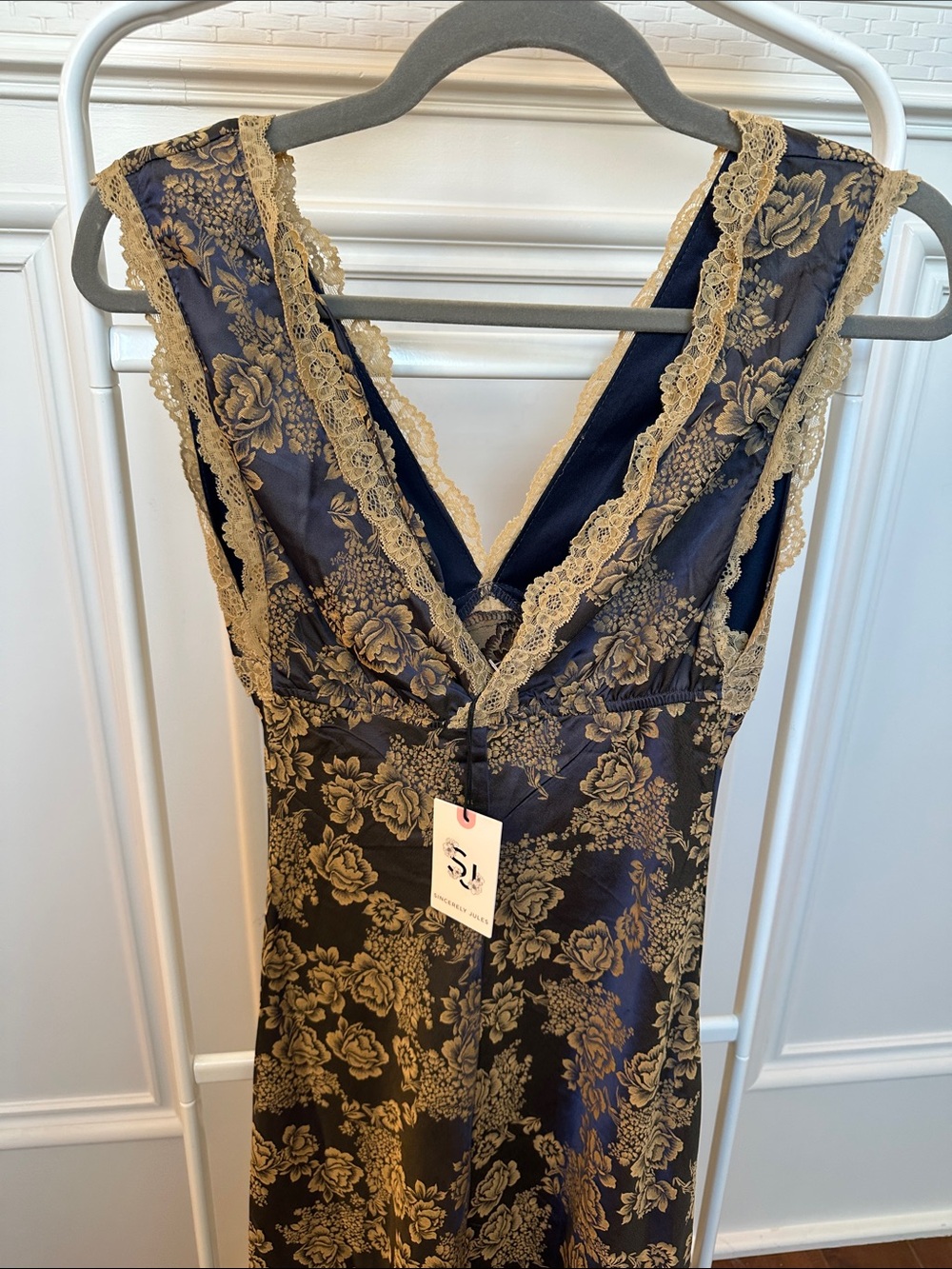 Sincerely Jules Viral Maxi Slip Dress with Gold Floral Lace - Picture 2 of 4